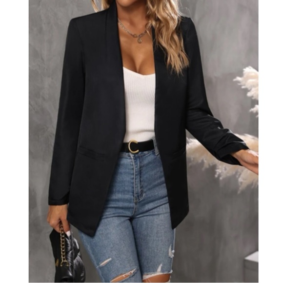 Classic khaki business casual open front blazer - Picture 11 of 16